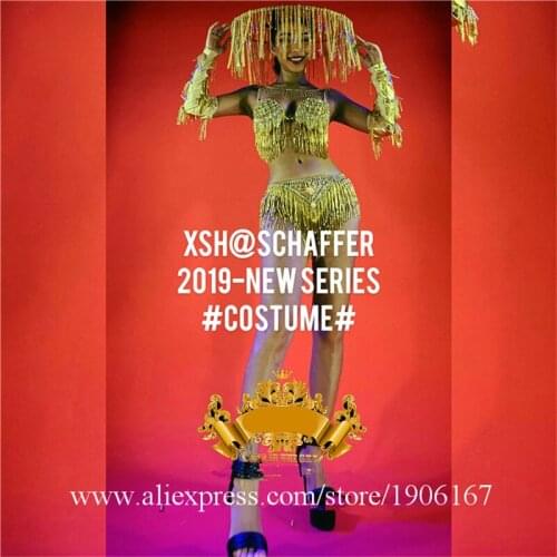 Nightclub GOGO party girl golden rhinestone tassel sexy lady costume dance team female stage performance suit clothes headdress