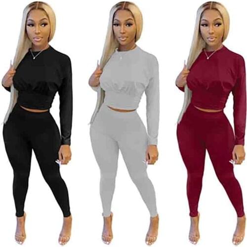 2021 New Ladies Autumn And Winter Leisure Sports Solid Color Suit Round Neck Casual Top Trousers Suit