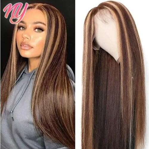 Highlight Straight Frontal wig Ombre Brown Human hair wig 4x4 Wig P430 Dark Brown P4/27 Light Honey Blonde 100% Raw Remy hair