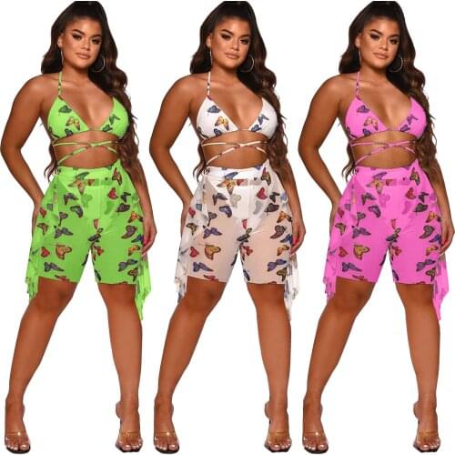 Sexy bra 2 piece set ruffled transparent mesh print beach swimsuit vacation party club clothing summer bikini (including panties