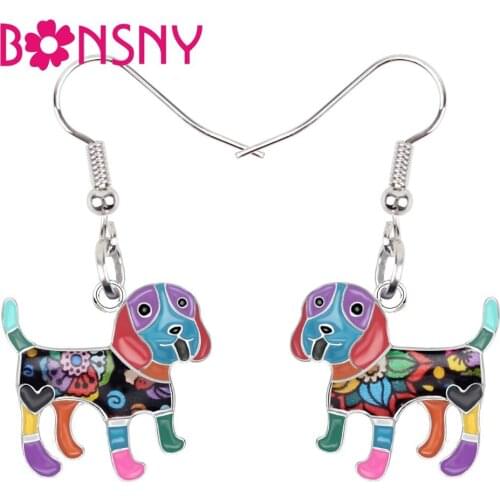 Bonsny Enamel Alloy Lovely Beagle Dog Earrings Dangle Drop Fashion Cute Animal Metal Jewelry For Women Girl Kids Gift Decoration