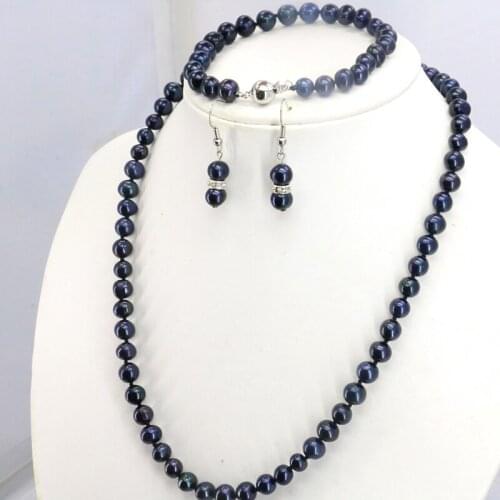 Discount!black pearl necklace suit 7-8mm necklace 18"bracelet 7.5" earring women jewelry making design gift Wholesale