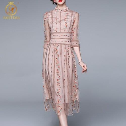 SMTHMA New Fashion Designer Runway Dress Autumn Womens Half Sleeve Mesh Embroidery Flowers Holiday Elegant Midi Dress