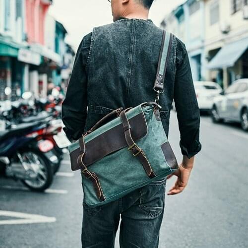 Vintage Canvas Messenger Bag Men Leather Crossbody Bag Business Casual Laptop Bag Shoulder Bag