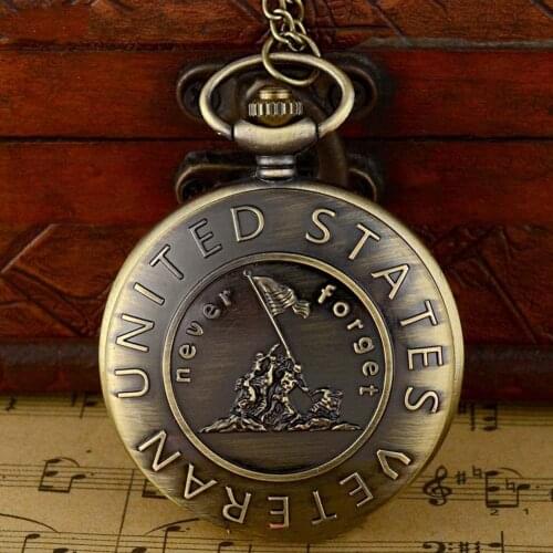 Vintage US Veteran Army Bronze Watch Quartz Necklace Pendant Antique Gift Vintage Bronze Steampunk Quartz Clock Relogio Feminino