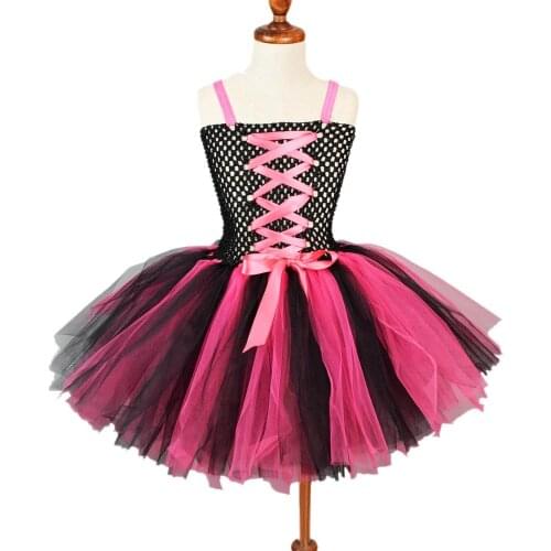 Hot Pink Black Fluffy Tutu Dress for Girls Baby Birthday Party Tulle Dress Kids Halloween Costume Toddler Photo Props 0-12Y