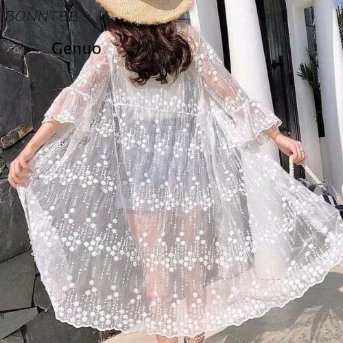 Women Jackets Summer Stylish Open Stitch Sun Protection Lace Long Comfort Thin White Embroidery Draped Long Sleeve Female Baggy