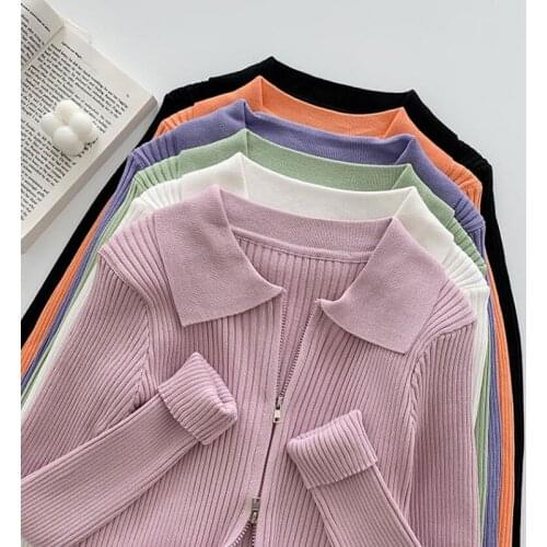 Women Cardigans Turndown collar Long Sleeve Double zipper Slim Knitted Sweater Women Korean Jumpers Female Cardigans