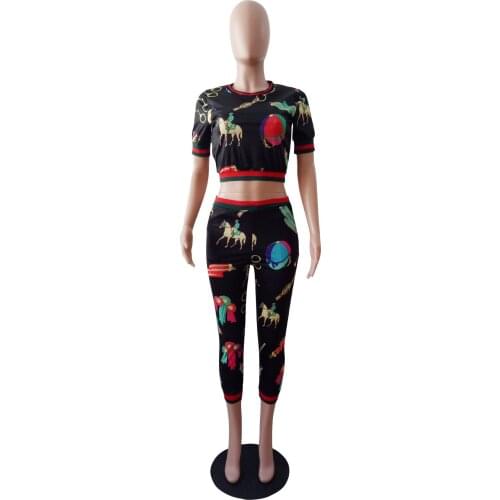 Womens Printed Short-Sleeve Cropped Trousers Casual Two-Piece Suit