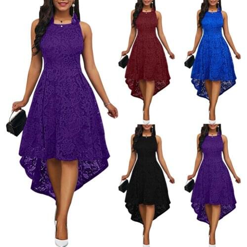 Hot Sale Elegant Summer Vintage Plus Size Women Solid Color Lace High Low Sleeveless Dress Womens Clothing