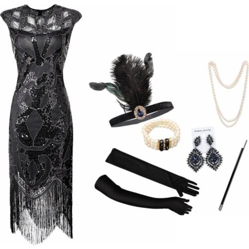 1920s Flapper Roaring Plus Size 20s Great Gatsby Fringed Sequin Beaded Dress and Embellished Art Deco Dress Accessories S-XXXL