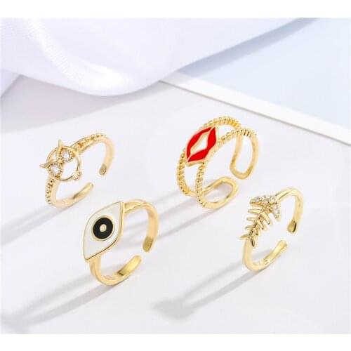 1PC Vintage Simple Enamel Evil Eye Ring For Women Cute Zircon Hollow Owl Fish Bone Red Lips Open Finger Ring Jewelry R386