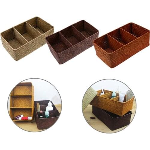 3Grids Rattan Woven Storage Basket Gadgets Storage Boxes Contianer Straw Snack Laundry Kids Toy Organizer Home Storage Bin