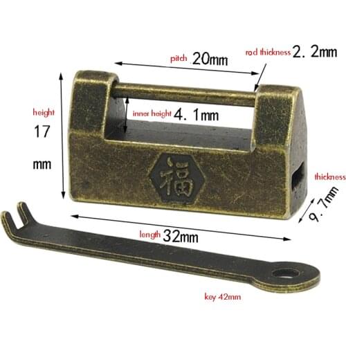 32mm Mini Antique Vintage "FU" Chinese Character Lock with Key Padlocks Decorative Locks for Cabinet Jewelry Wooden Box
