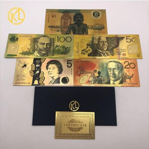 5pcs/lot Australia 100 Dollar Gold Banknote Plated Colorful AUD 100 50 20 10 5 Dollars Gold Foil Banknote Currency Collection