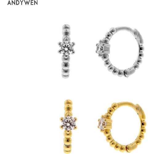 ANDYWEN 925 Sterling Silver 8mm Slim Beads Huggies Women Middle Hoops Piercing Ohrringe Pendiente Round Crystal CZ Jewelry