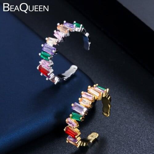 BeaQueen Adjustable Size Dainty Round Cuff Baguette Ring Colorful CZ Rainbow Crystal Engagement Finger Jewelry for Women R090