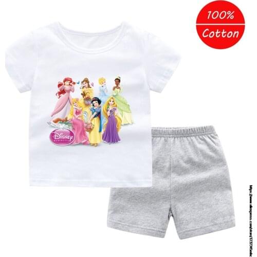 Disney Princess Girls Summer Short Sleeve Shorts Combination Child Cotton Princess Pattern Childrens Clothing