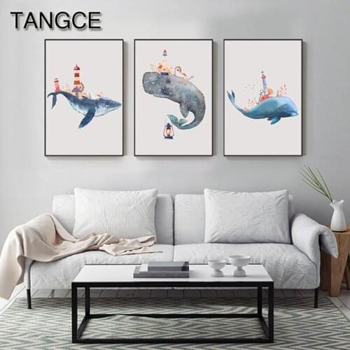 Nordic Cartoon Blue Whale Canvas Painting Big Size Poster Print Decor Modern Wall Art Painting for Living Room Aisle Tableaux