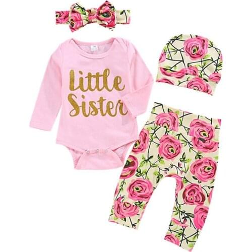 Baby Girl Clothes Set Newborn Kids Infant Outfits Clothing Romper +Rose Print Pants+Headband+Hat Children Kids Girls Sets 4pcs