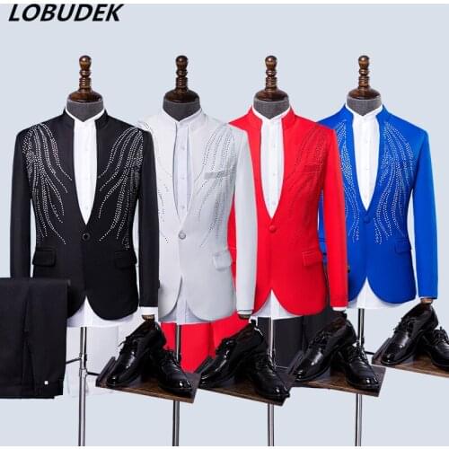 4 Colors Crystals Blazers Stand Collar Mens Suits Adult Host Singer Chorus Costume Wedding Master Studio Outfit Choral Dress