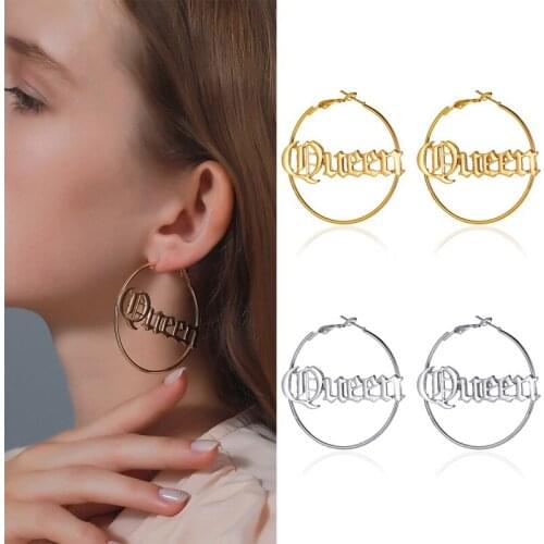 Exaggerated Large Round Letter Queen Hoop Earring Gold Silver Color Oversize Circle Huggies Earrings Ear Rings Jewelry For Women
