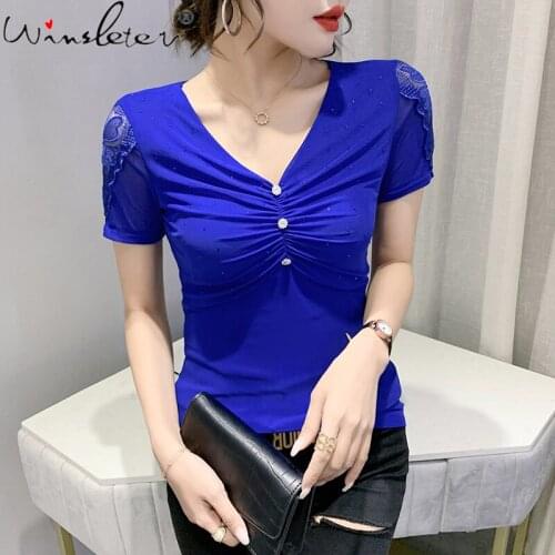 Summer European Clothes Mesh T-Shirt Fashion Sexy Lace Button Women Tops Short Sleeve Bottoming Shirt Shiny Tees 2021 T15203A