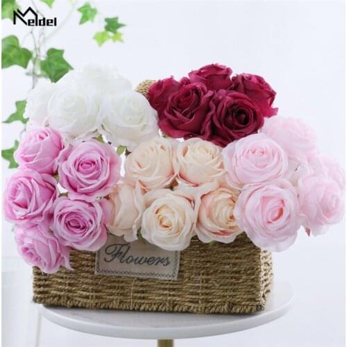 Meldel 5Pcs/Bundle Artificial Flower Rose Bouquet DIY Fake Silk Flower for Home Decorative Wedding Holiday Decoration Faux Flore