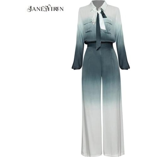 Jianyiren Fashion Designer Set Spring Autumn Women Long sleeve Single-breasted Ribbon Shirt Tops+Wide leg pants Two-piece suit