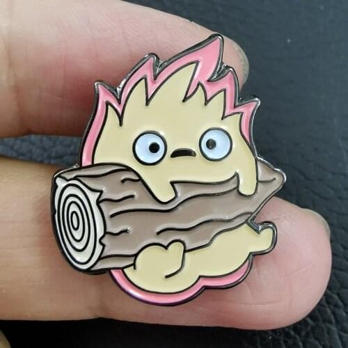 Cartoons Calcifer Holding Wood Wiki Brooch Pins Enamel Metal Badges Lapel Pin Brooches Jackets Fashion Jewelry Accessories