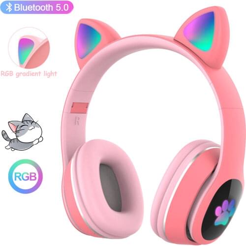 L400 Over Ear Music Headset Glowing Cat Ear Headphones 7 Color Breathing Lights Foldable Wireless BT5.0 Earphone with Mic