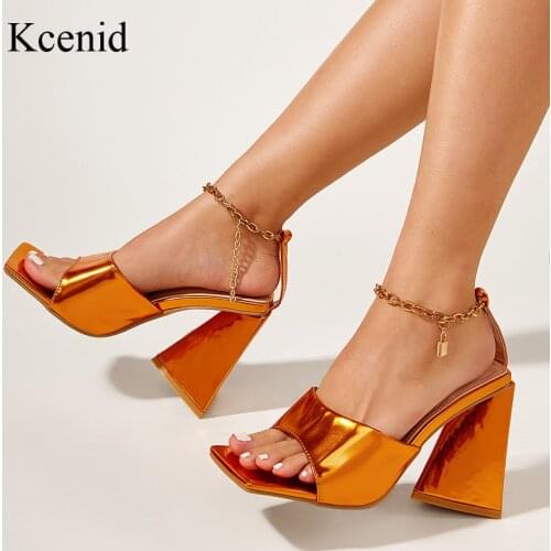Kcenid 2021 New Summer High Heels Sandals Woman Chunky Heel Metal Decoration Shoes Women Square Toe Patent Leather Ladies Pumps