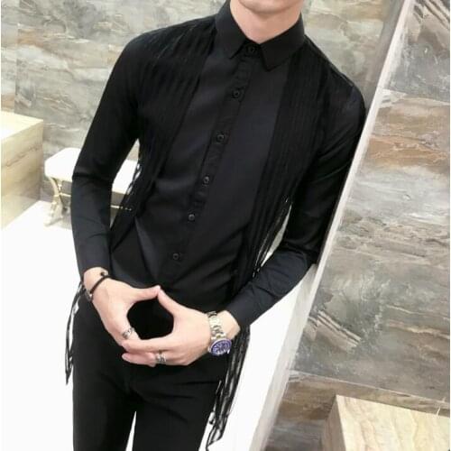 2020 autumn new mens long-sleeved shirt trend personality hollow stitching solid color patch nightclub hair stylist tide