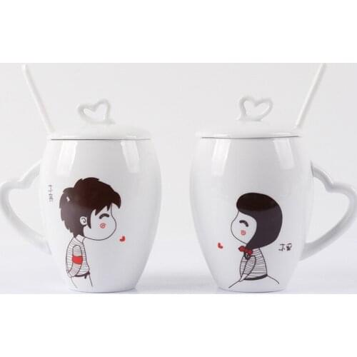 Creative Cup Couple Style Korean Cute Ceramic Water Cup A Pair of Unforgettable Cartoon Mug Spoon with Lid