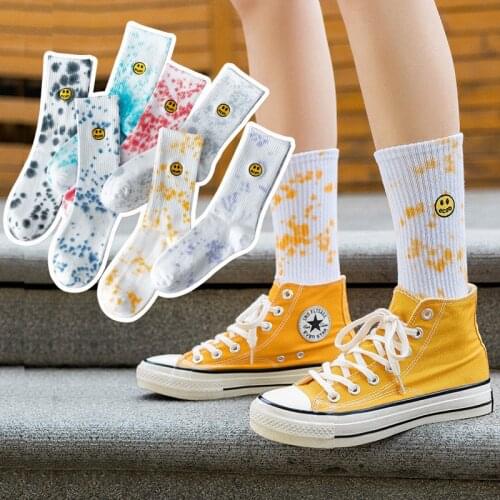 Smiley face Tie-dye socks mens street Harajuku embroidery socks splash ink trend tube fashion womens cotton white socks
