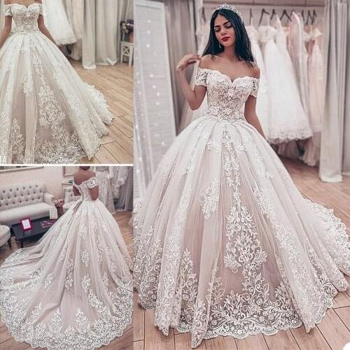Luxury Wedding Dresses Sexy Off Shoulder Lace Appliques Bridal Gowns Custom Made Lace-Up Back Sweep Train A Line Wedding Dress