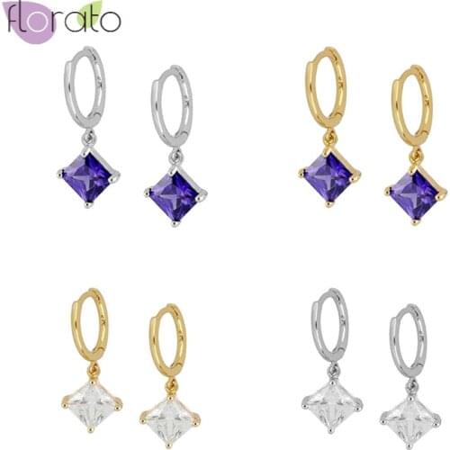 925 Sterling Silver Ear Buckle Hoop Earrings for Women White/Purple Square Zircon Pendant Earrings Silver Fashion Jewelry