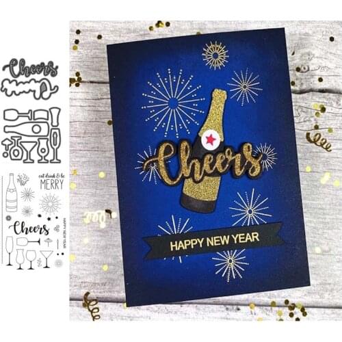 Champagne Cheers Wine Letters Metal Cutting Dies and Clear Stamps Scrapbooking Craft Stencil DIY Album Sheet Mold Mould Decor
