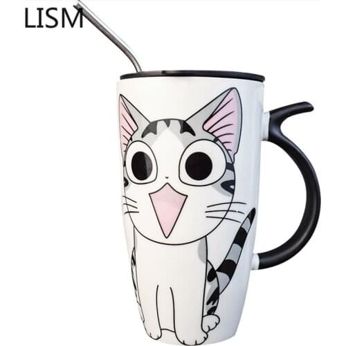 Cute Cat Cartoon Coffee Mug Ceramic with Lid Milk Personalised Mug for Couple Taza Creativa Milk Tazas De Ceramica Creativas Hot