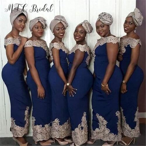 Navy Blue African Bridesmaid Dresses Golden Lace Off The Shoulder Straight Style Wholesale Maid Of Honor Dress Cheap 2019 New