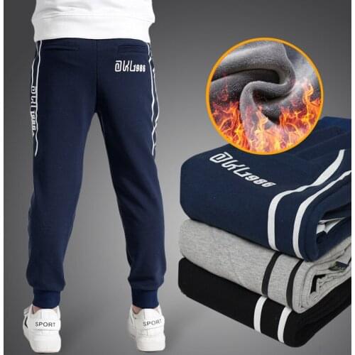 Teen Boy Thickening Warm Children Trousers Winter Fashion Plus Velvet 4-14 Year Side Stripe Cotton Kids Casual Sports Long Pants