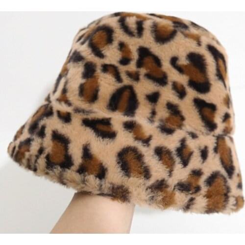 Fashion Winter Leopard Faux Fur Bucket Hats For Women Girl Print Plush Velvet Warm Panama Black Fisherman Hats
