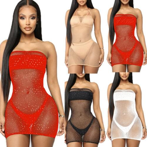 Women Wrapped chest hot Dress, sexy lingerie point diamond starry cross-border mesh uniform temptation sexy dress erotic porno
