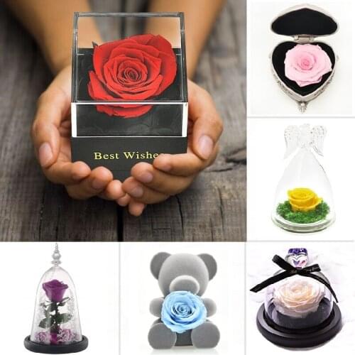 2020 Preserved Real Rose Flower Jewelry Box Artificial Blossom Glass Dome Wedding Decor Mothers Day Birthday Gifts for Women