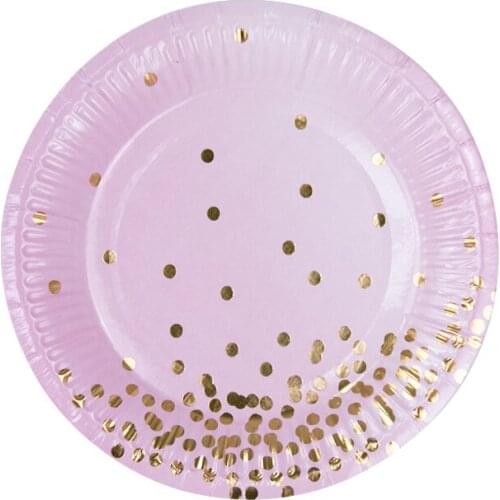 8pcs 7inch Disposable Pink Gold Foil Dot Paper Plates Birthday Wedding Party Decration Tableware Supplies Eco-Friendly