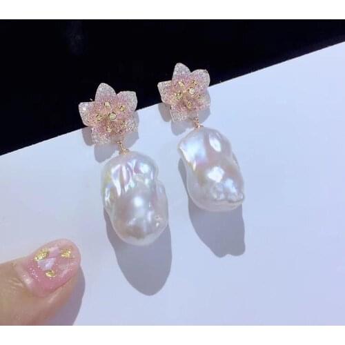 Baroque natural fresh water pearl drop earring 925 sterling silver with cubic zircon flower fine jewelry cute romantic
