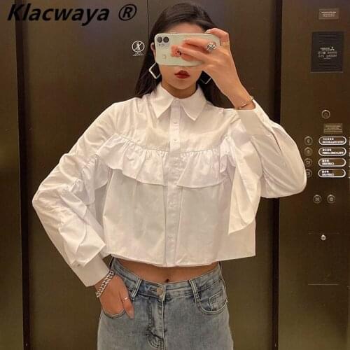Klacwaya Za Womens Shirt Long Sleeve Lapel Solid Color Grace Ruffles Laminated Decoration Shirt Lady Blouses New Spring Summer