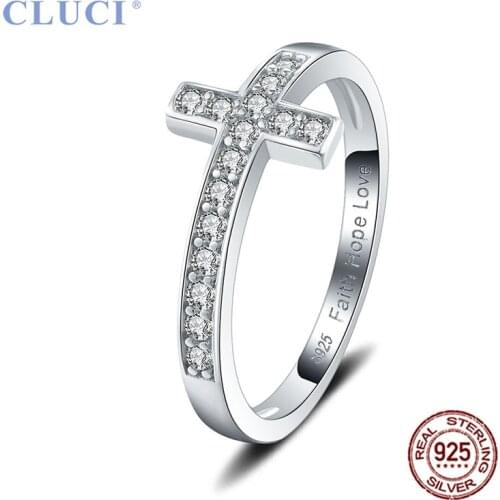 CLUCl Simple Silver 925 Cross Ring Jewelry for Women Sterling Silver Fashion Zircon Ring DR1044SB