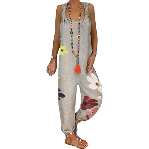 Women Jumpsuits Casual Sleeveless Bib Overall Backless Floral Print Loose Jumpsuit Dungarees Female Vintage Romper Overalls