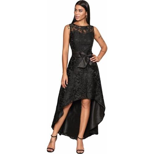 Fashion Womens High Low Dresses Sleeveless Elegant Slim Black Blue Lace Overlay Bow Sash Party Dresses